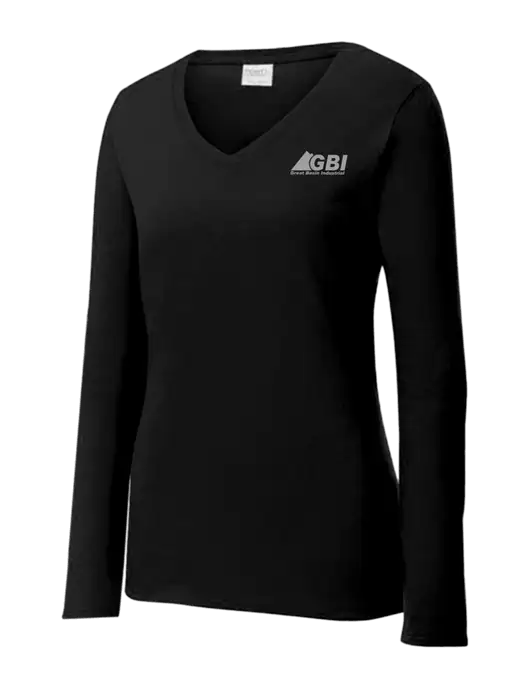 Womens V-Neck Ring Spun Jet Black 4.5 oz Long Sleeve T-Shirt w/Great Basin Industrial Logo