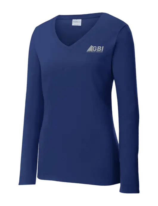 Womens  V-Neck Ring Spun Navy 4.5 oz Long Sleeve T-Shirt w/Great Basin Industrial Logo