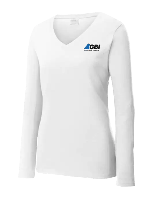 Womens  V-Neck Ring Spun White 4.5 oz Long Sleeve T-Shirt w/Great Basin Industrial Logo
