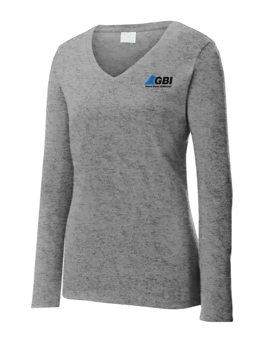 Womens  V-Neck Ring Spun Grey Heather 4.5 oz Long Sleeve T-Shirt w/Great Basin Industrial Logo