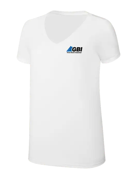 Womens Simply Soft V-Neck White 4.5oz  Poly/Combed Ring Spun Cotton T-Shirt w/Great Basin Industrial Logo