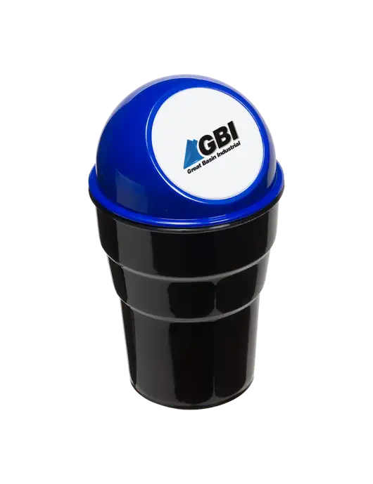 Blue Car Cup Holder Trash Can w/Great Basin Industrial Logo