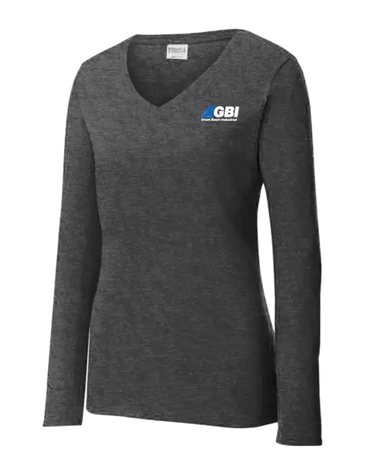 Womens  V-Neck Ring Spun Dark Heather Grey 4.5 oz Long Sleeve T-Shirt w/Great Basin Industrial Logo