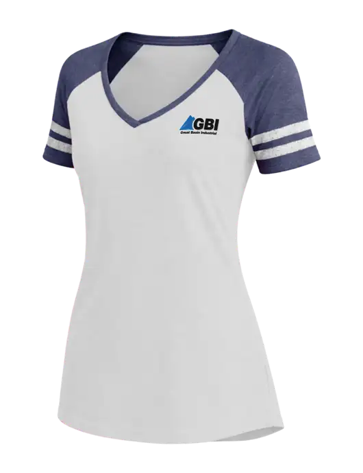 Womens White/Navy Heather V-Neck Game Tee w/Great Basin Industrial Logo