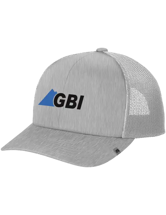 TravisMathew Light Medium Grey Heather Cruz Trucker Cap w/Great Basin Industrial Logo