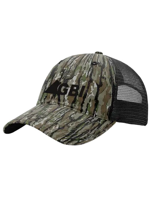 Richardson 111P Garment Washed Printed Hunter Camo/Black Trucker Cap w/Great Basin Industrial Logo